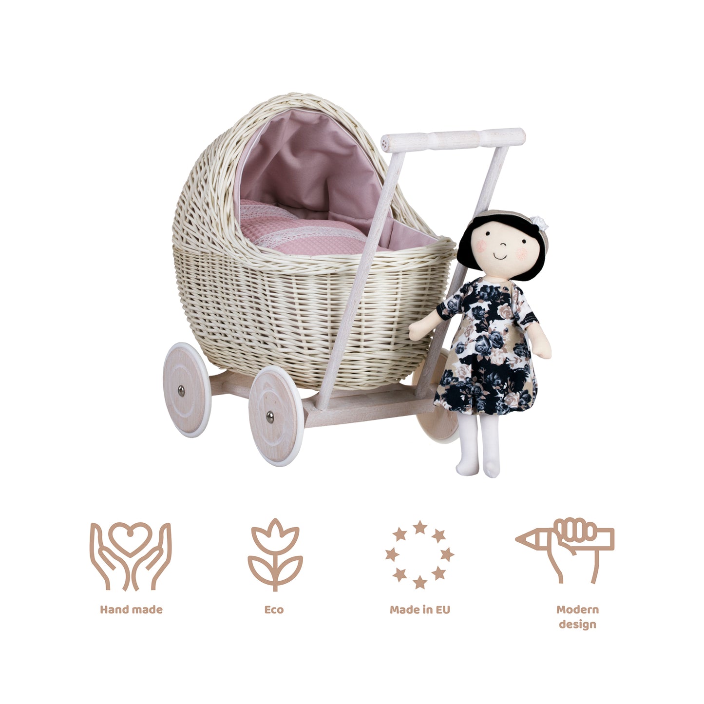 Lili wiklinowy wózek dla lalek z różowym obszyciem, kołderką i poduszką TheWickerStories