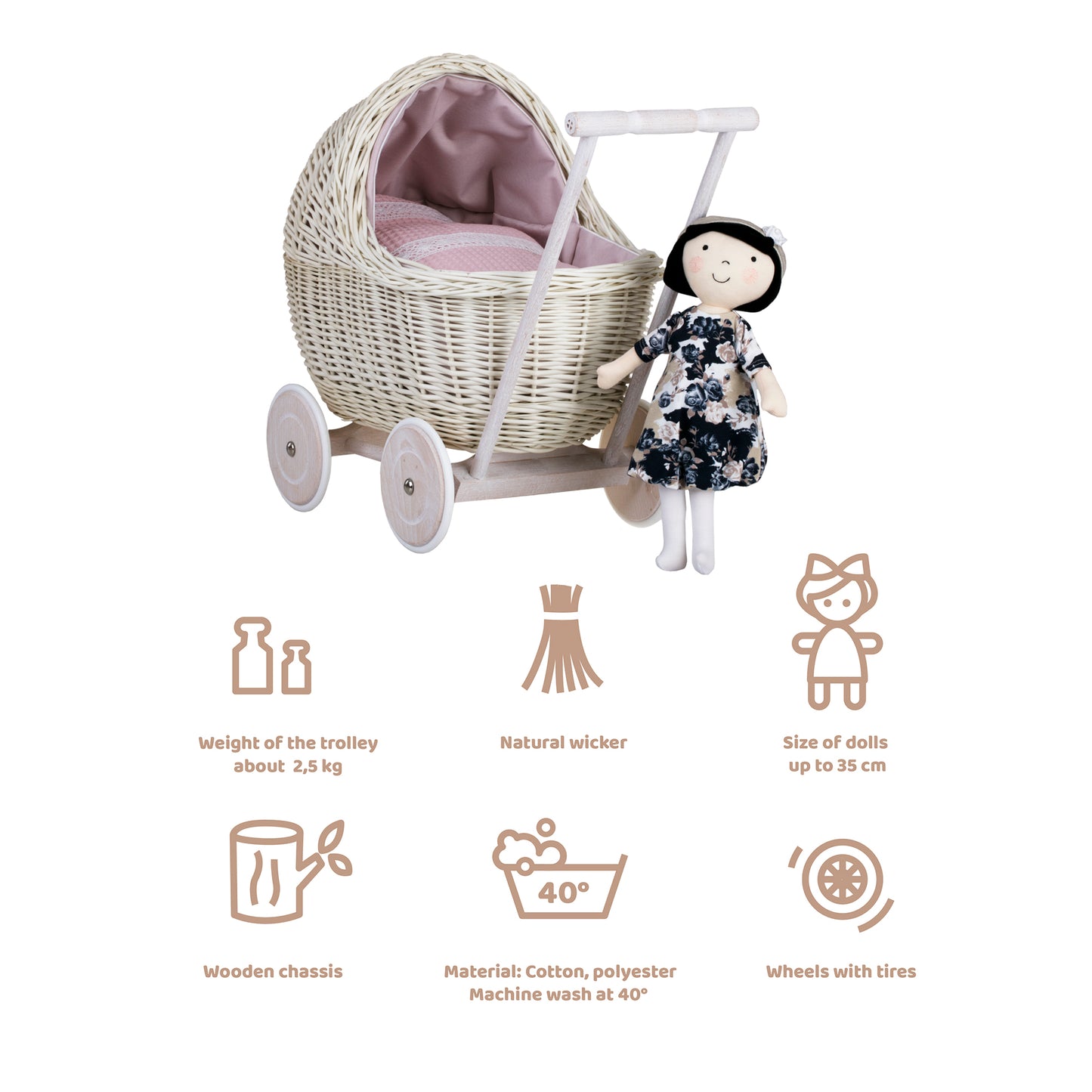Lili wiklinowy wózek dla lalek z różowym obszyciem, kołderką i poduszką TheWickerStories