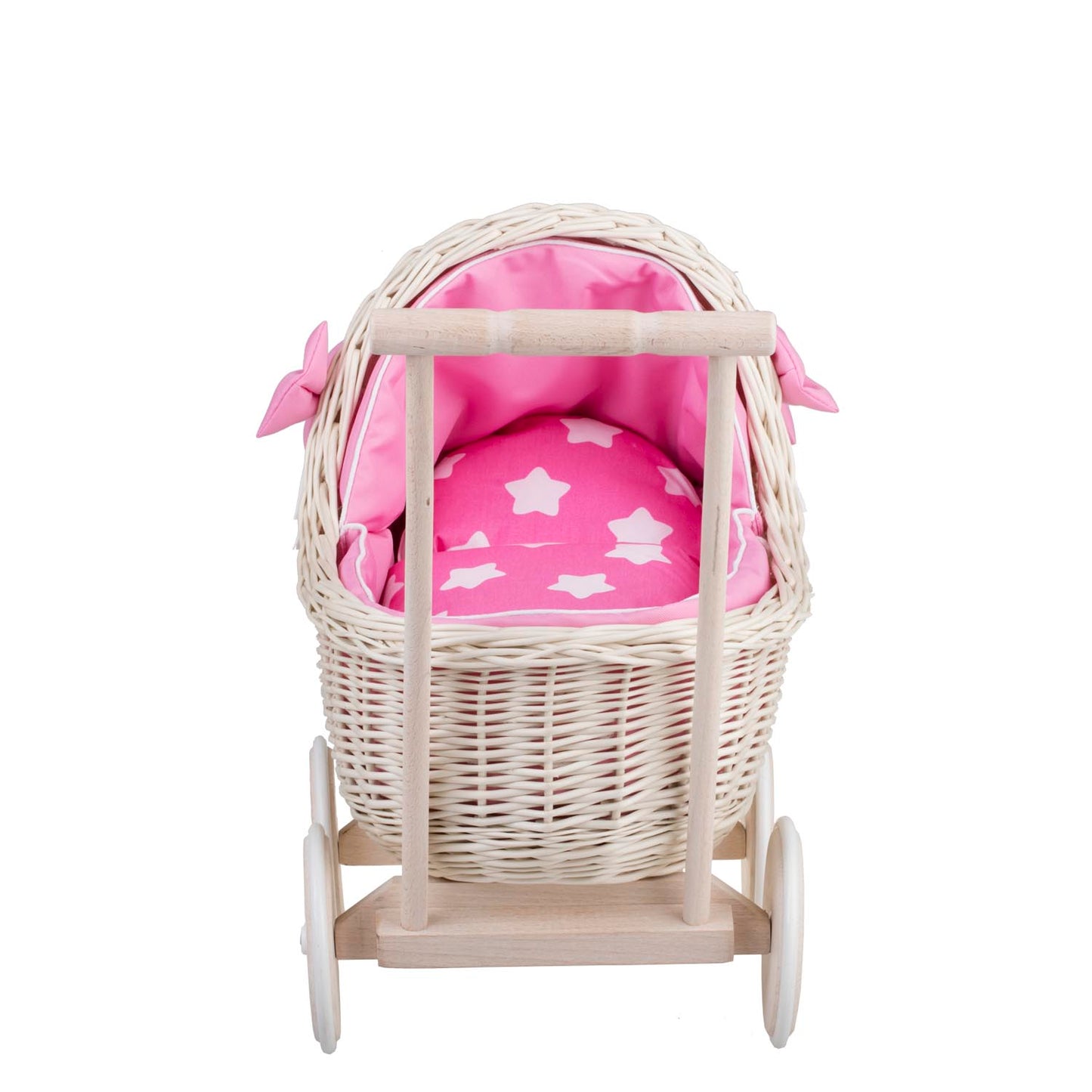 Lili wiklinowy wózek dla lalek z różowym obszyciem, kołderką i poduszką TheWickerStories