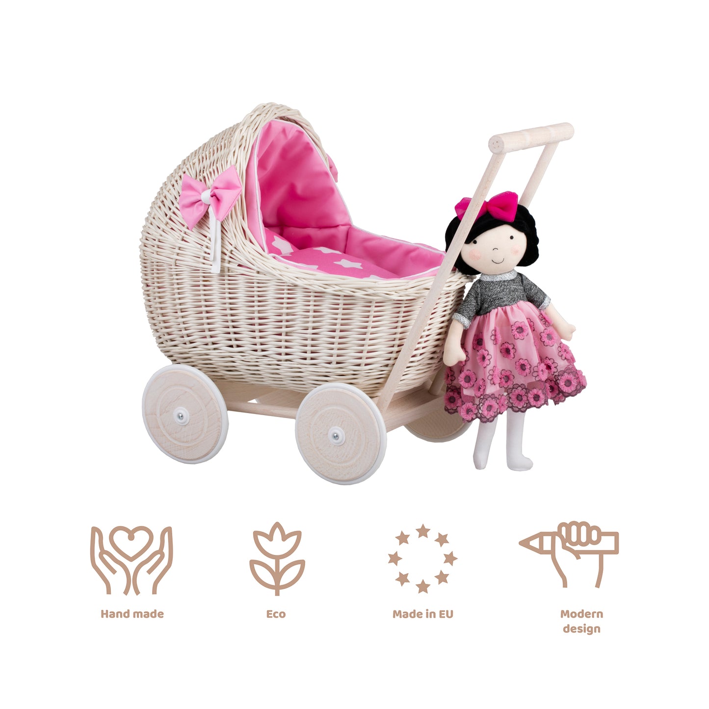 Lili wiklinowy wózek dla lalek z różowym obszyciem, kołderką i poduszką TheWickerStories