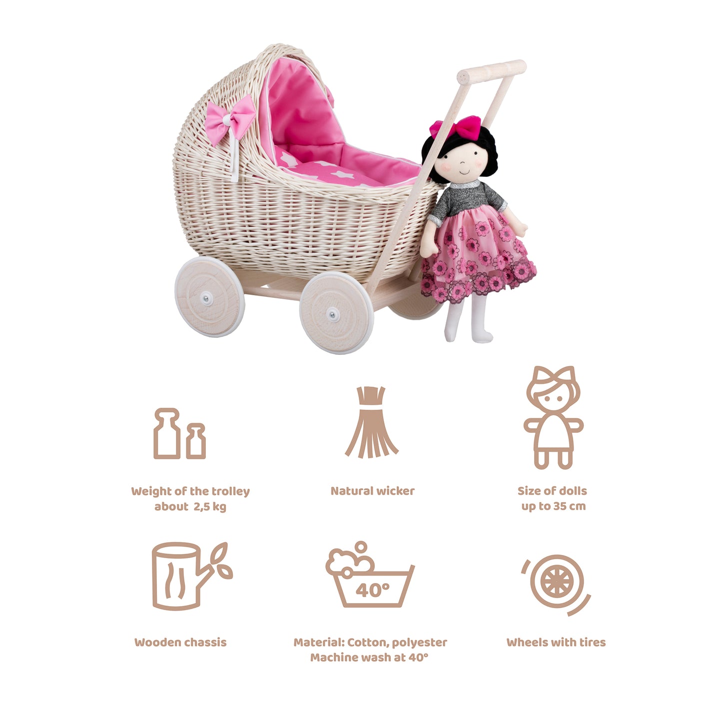 Lili wiklinowy wózek dla lalek z różowym obszyciem, kołderką i poduszką TheWickerStories