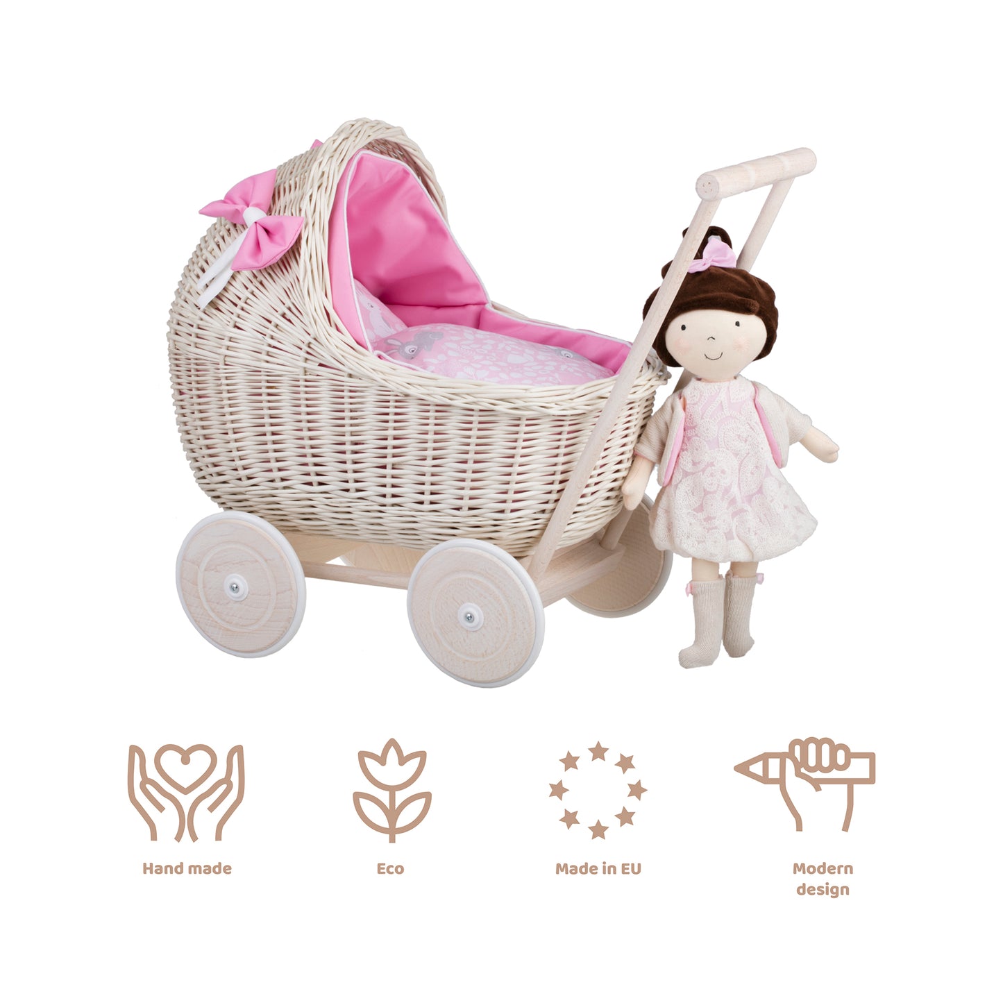 Lili wiklinowy wózek dla lalek z różowym obszyciem, kołderką i poduszką TheWickerStories