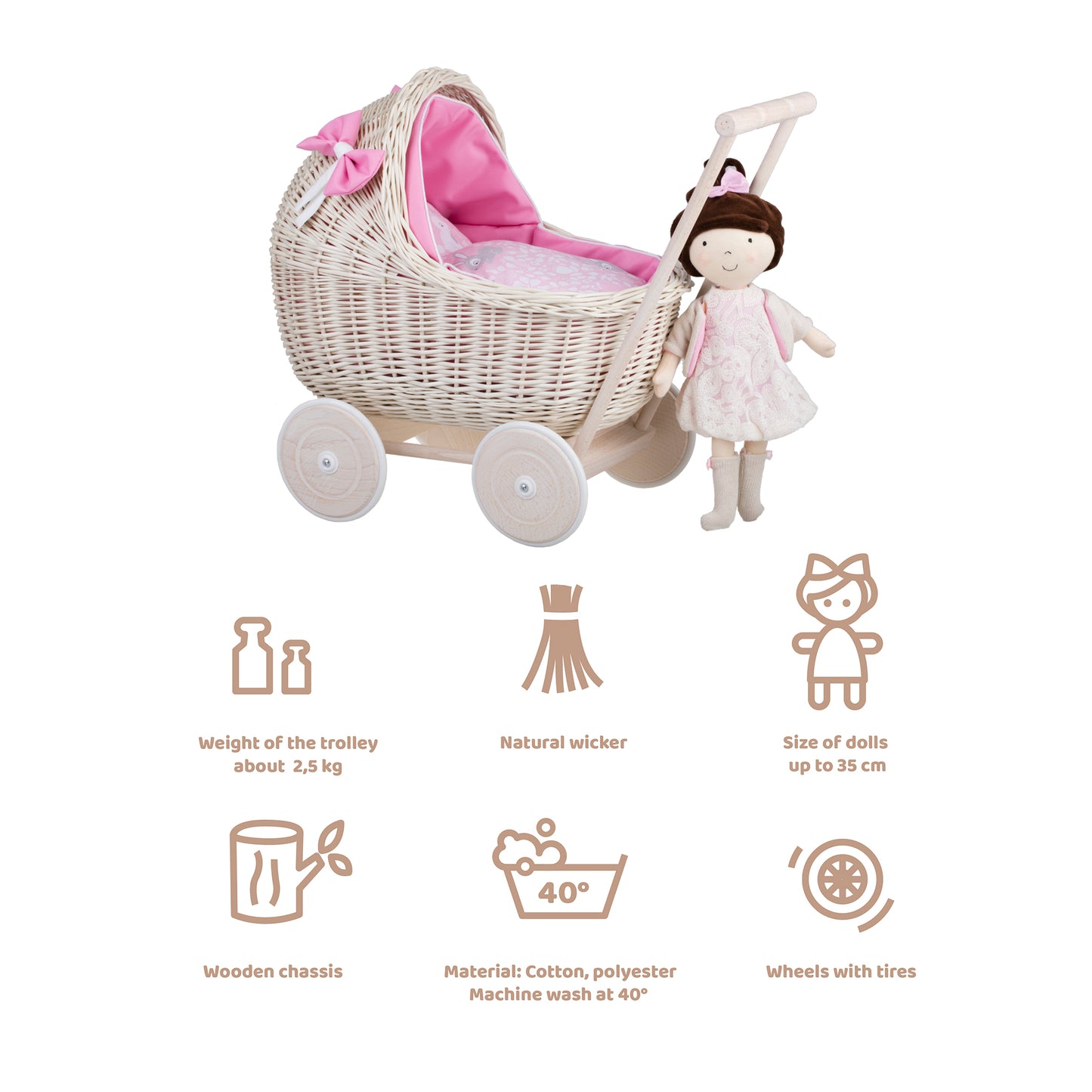 Lili wiklinowy wózek dla lalek z różowym obszyciem, kołderką i poduszką TheWickerStories