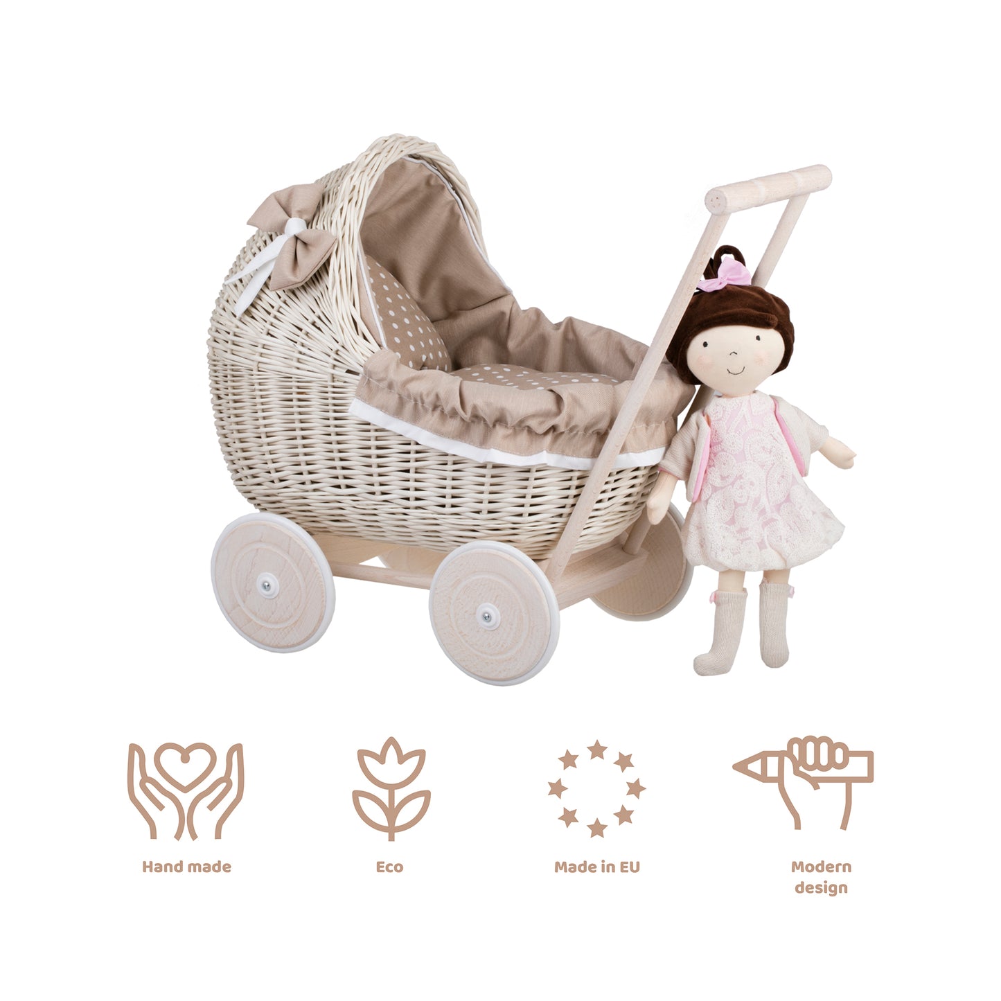 Lili wiklinowy wózek dla lalek z beżowym obszyciem, kołderką i poduszką TheWickerStories