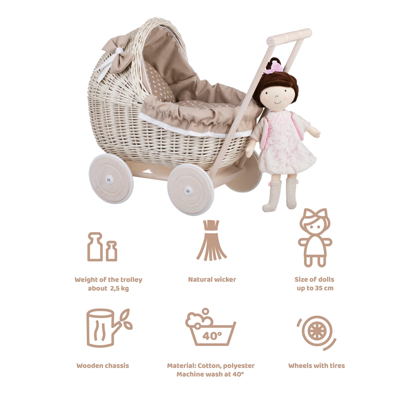 Lili wiklinowy wózek dla lalek z beżowym obszyciem, kołderką i poduszką TheWickerStories