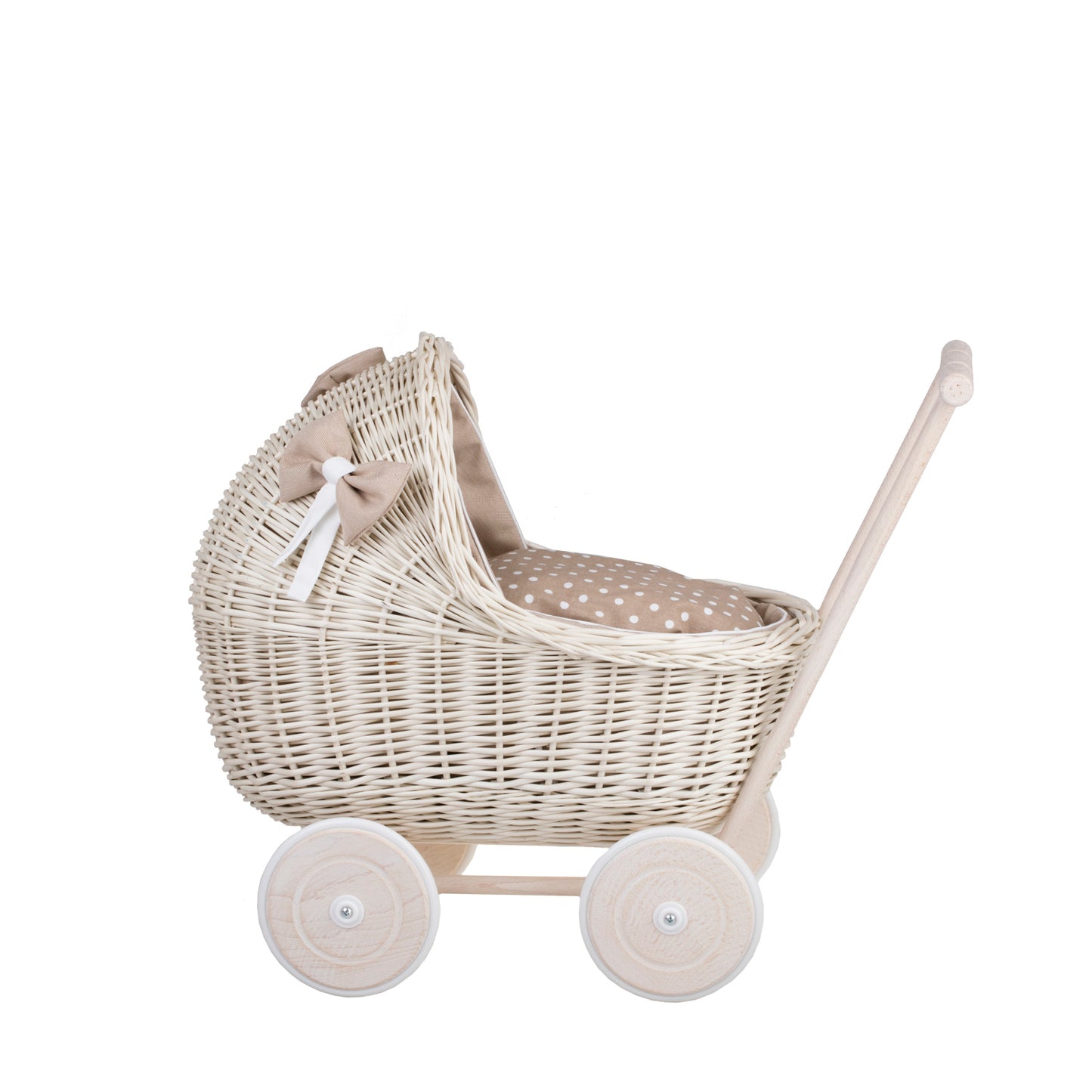 Lili wiklinowy wózek dla lalek z beżowym obszyciem, kołderką i poduszką TheWickerStories