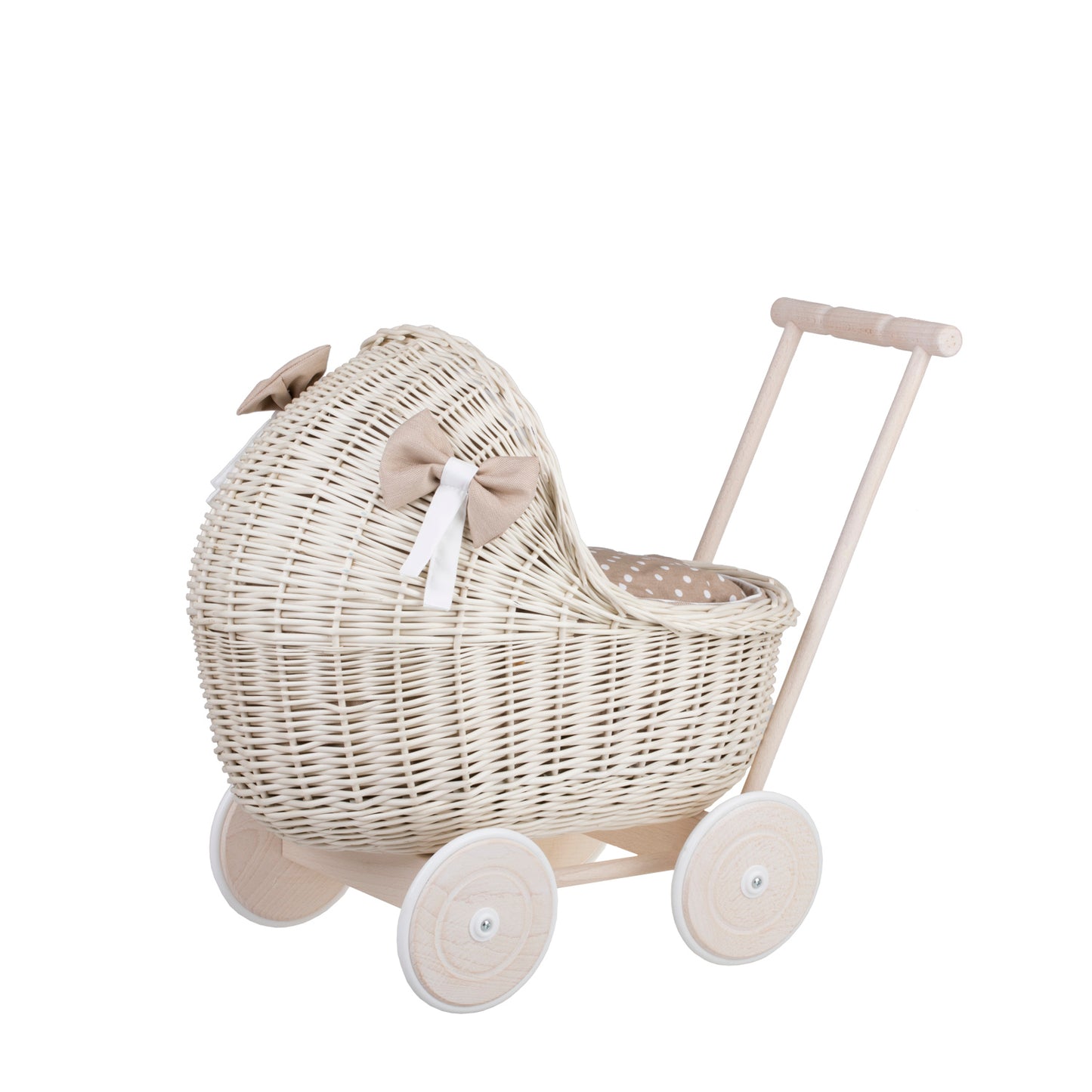 Lili wiklinowy wózek dla lalek z beżowym obszyciem, kołderką i poduszką TheWickerStories