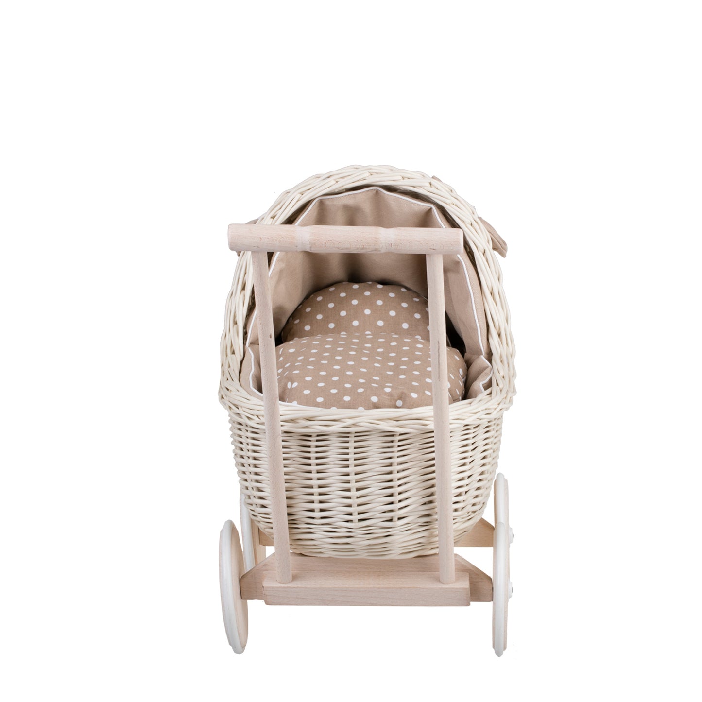 Lili wiklinowy wózek dla lalek z beżowym obszyciem, kołderką i poduszką TheWickerStories