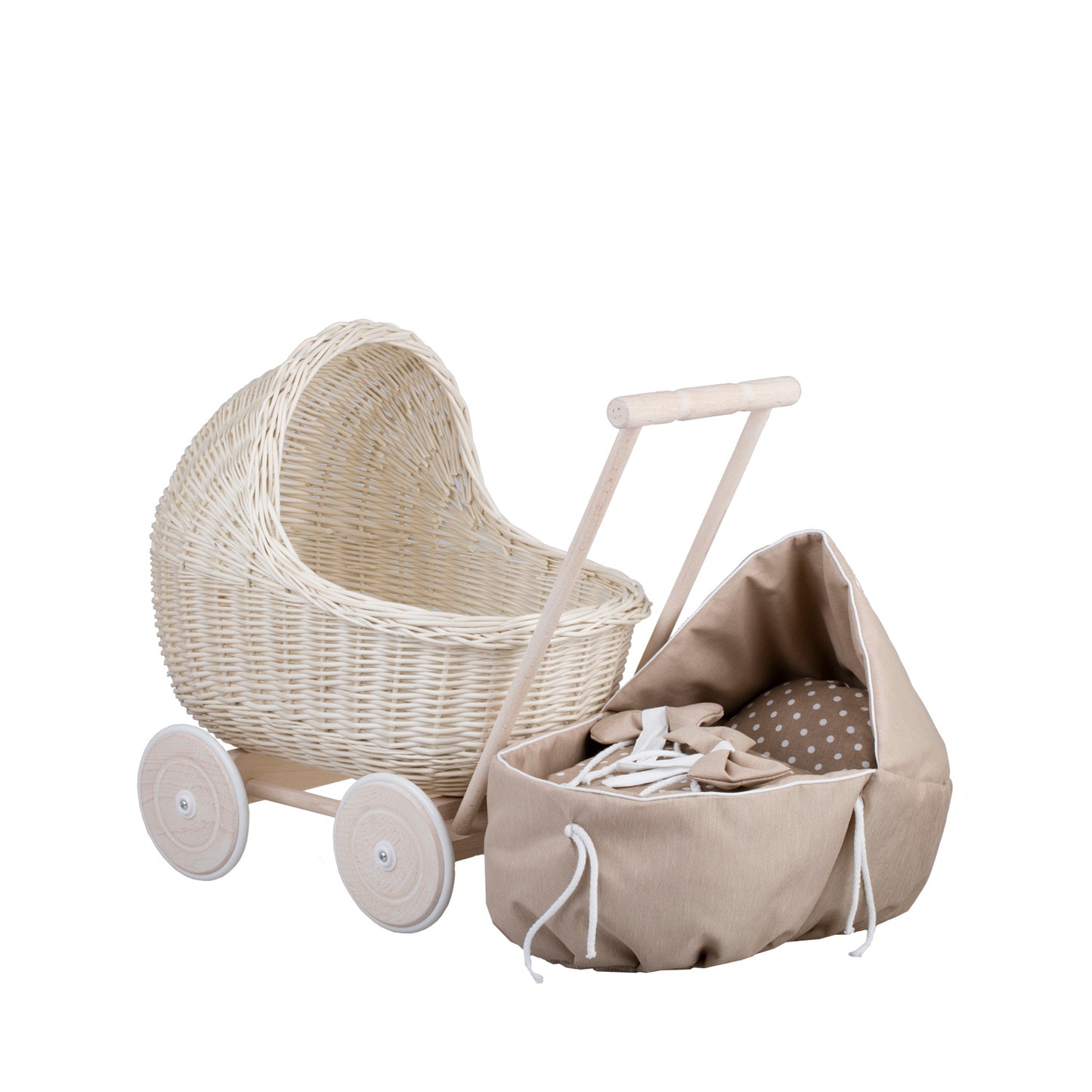 Lili wiklinowy wózek dla lalek z beżowym obszyciem, kołderką i poduszką TheWickerStories