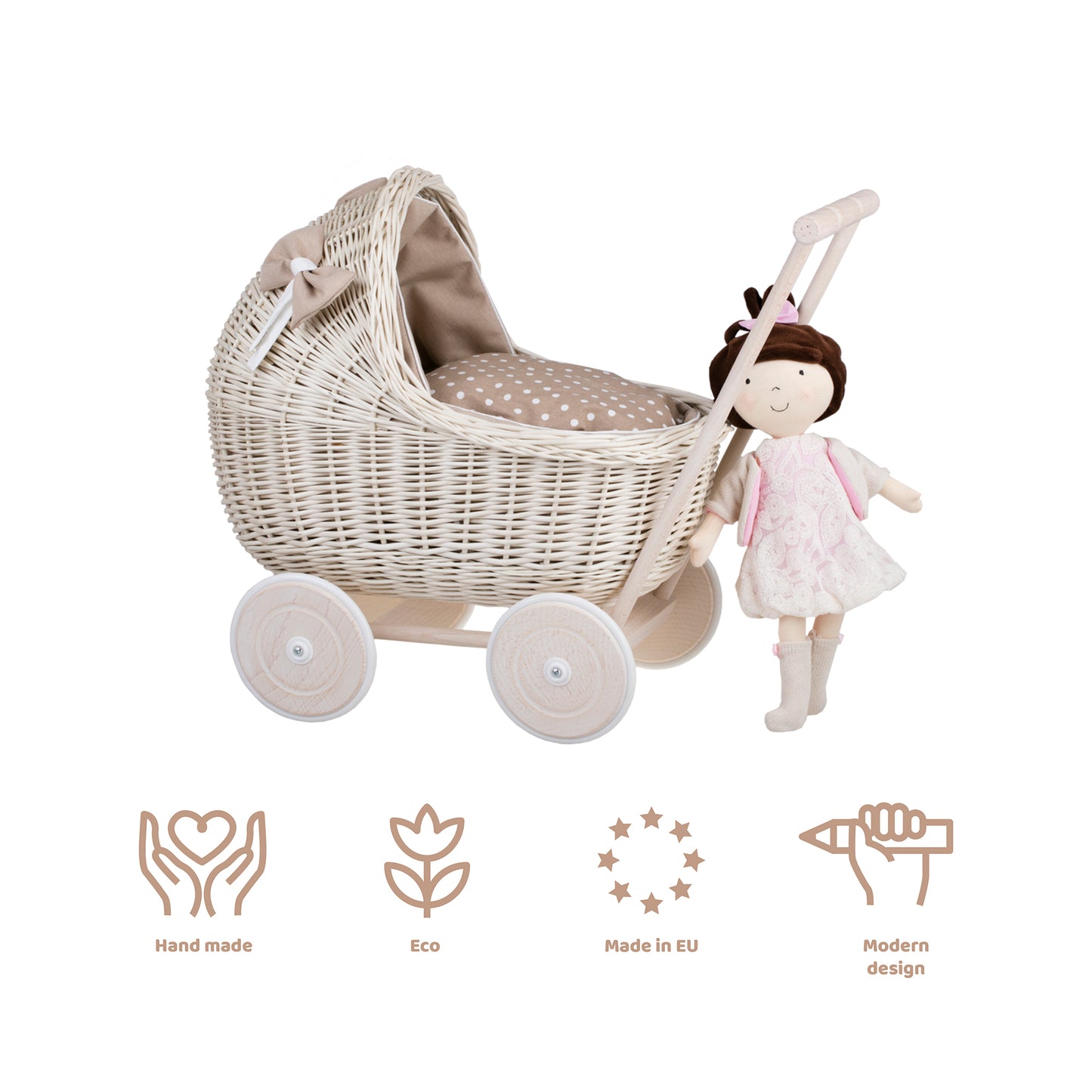 Lili wiklinowy wózek dla lalek z beżowym obszyciem, kołderką i poduszką TheWickerStories