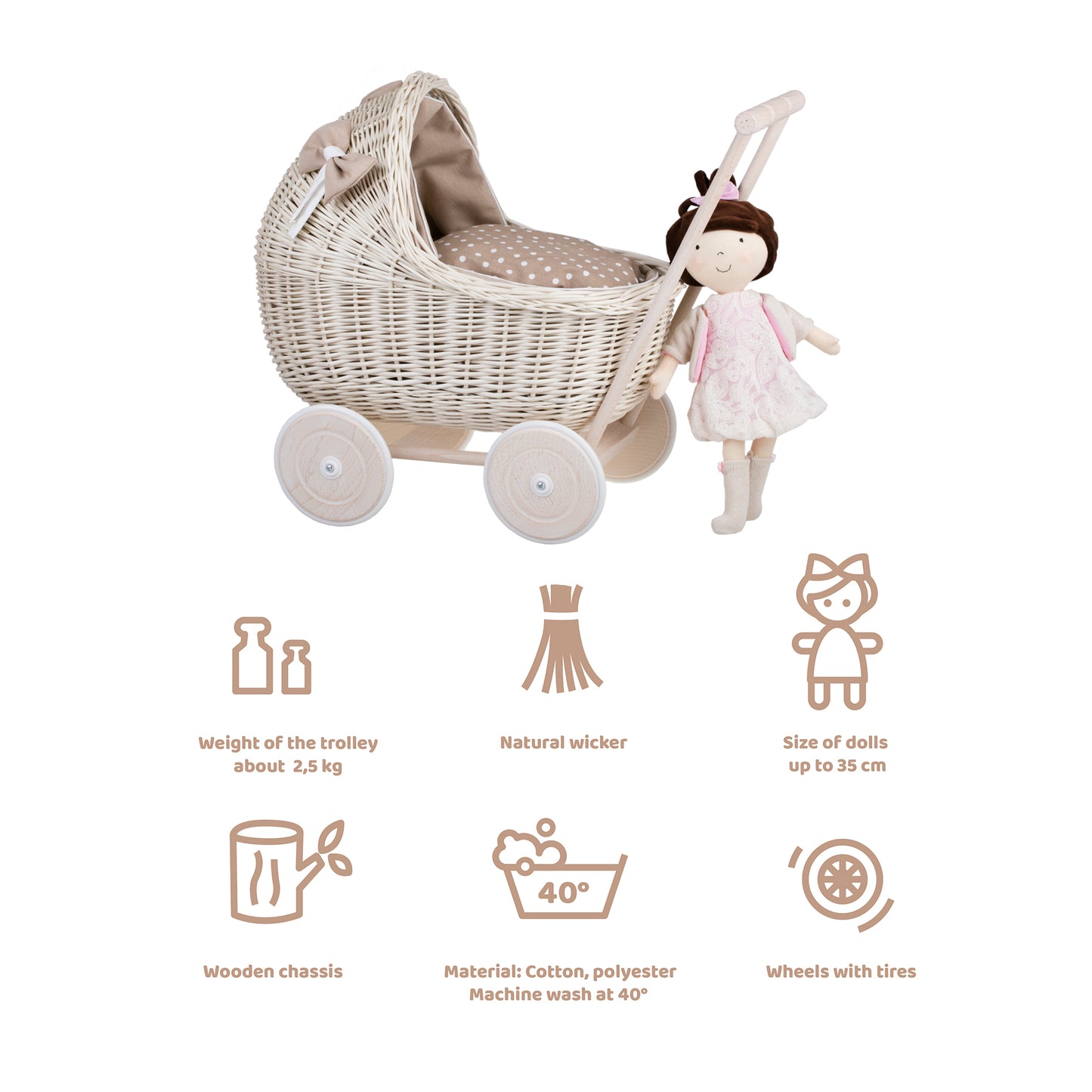 Lili wiklinowy wózek dla lalek z beżowym obszyciem, kołderką i poduszką TheWickerStories