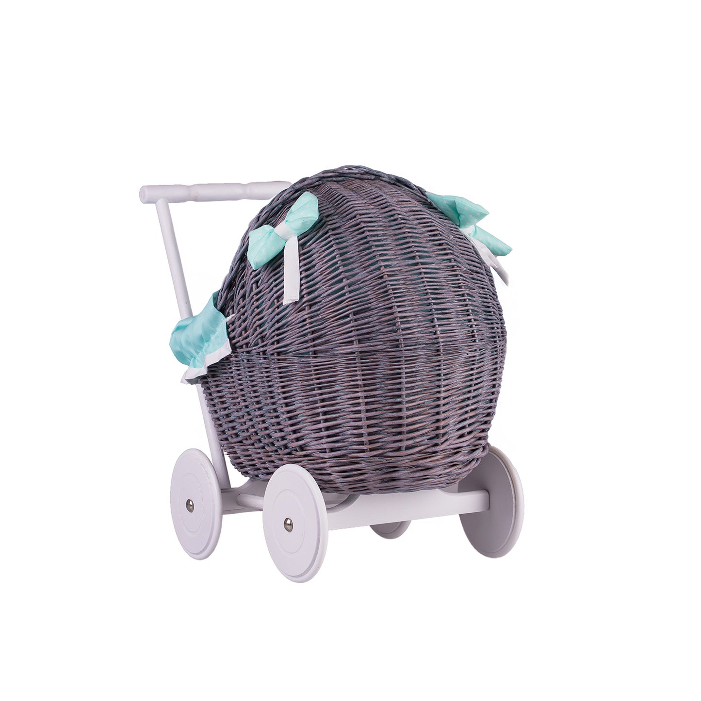 Lili wiklinowy wózek dla lalek z miętowym obszyciem, kołderką i poduszką TheWickerStories