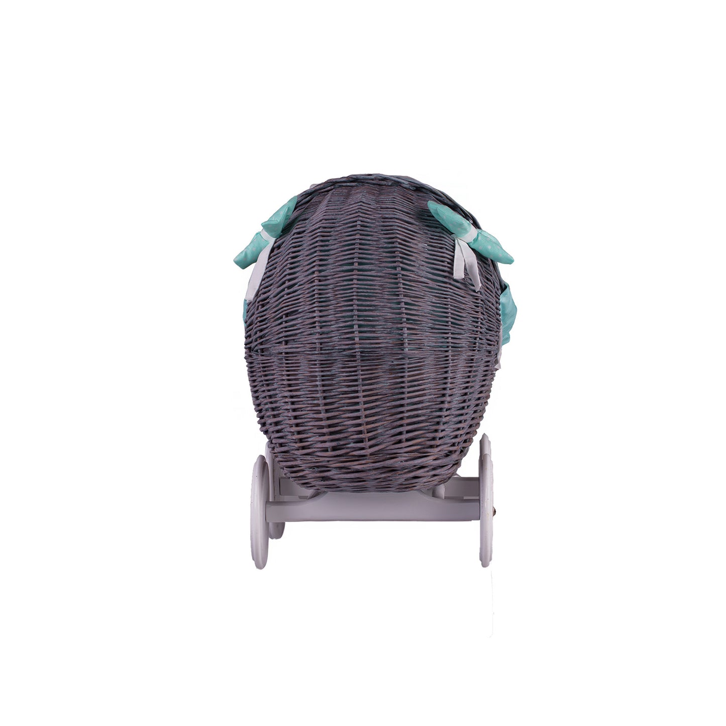 Lili wiklinowy wózek dla lalek z miętowym obszyciem, kołderką i poduszką TheWickerStories
