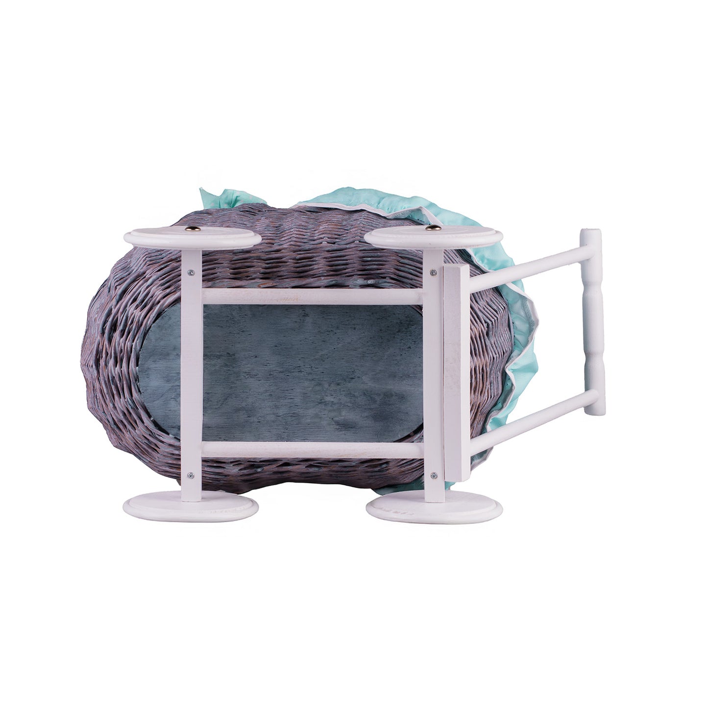 Lili wiklinowy wózek dla lalek z miętowym obszyciem, kołderką i poduszką TheWickerStories