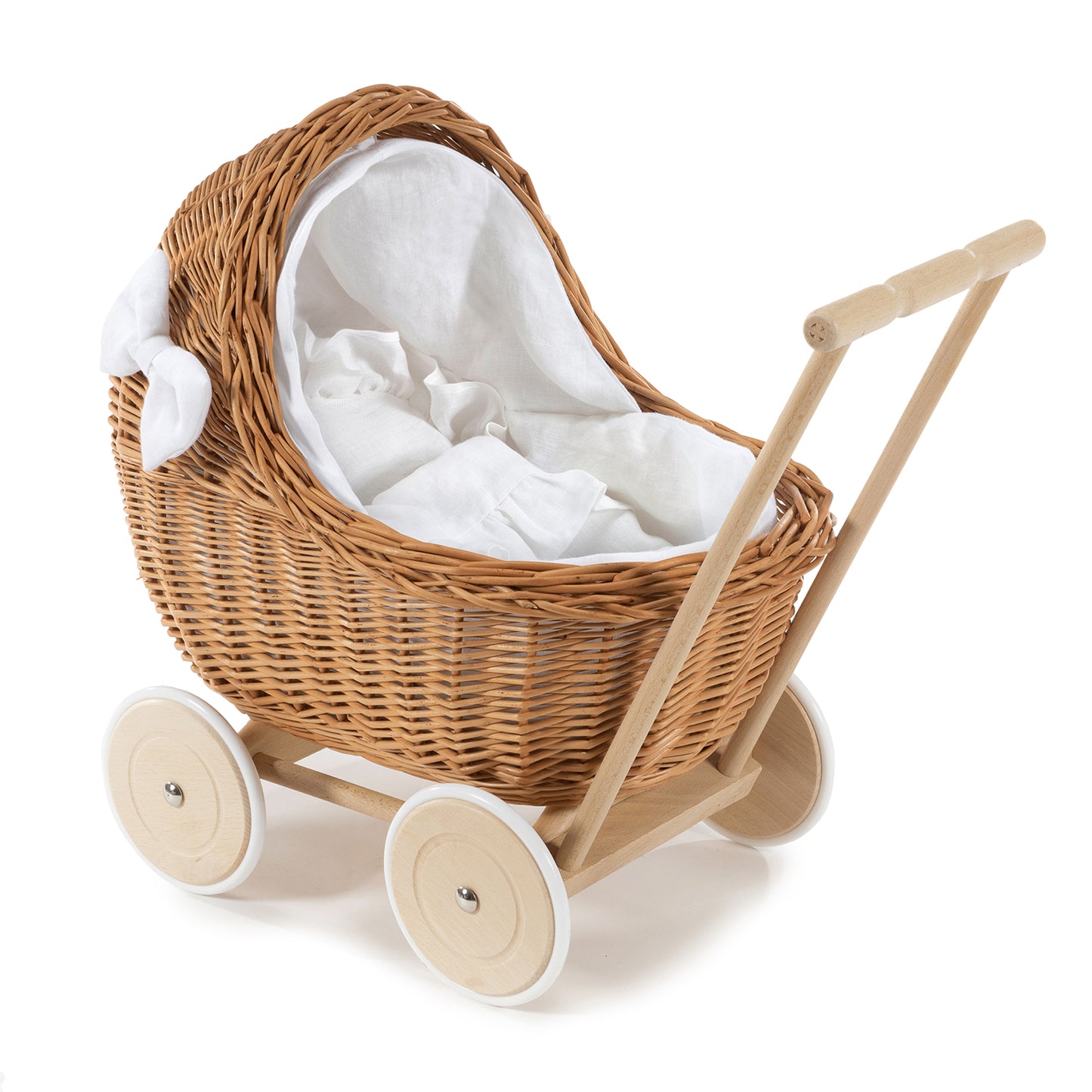 Desayer wiklinowy wózek dla lalek z białym obszyciem, kołderką, poduszką i rączką TheWickerStories