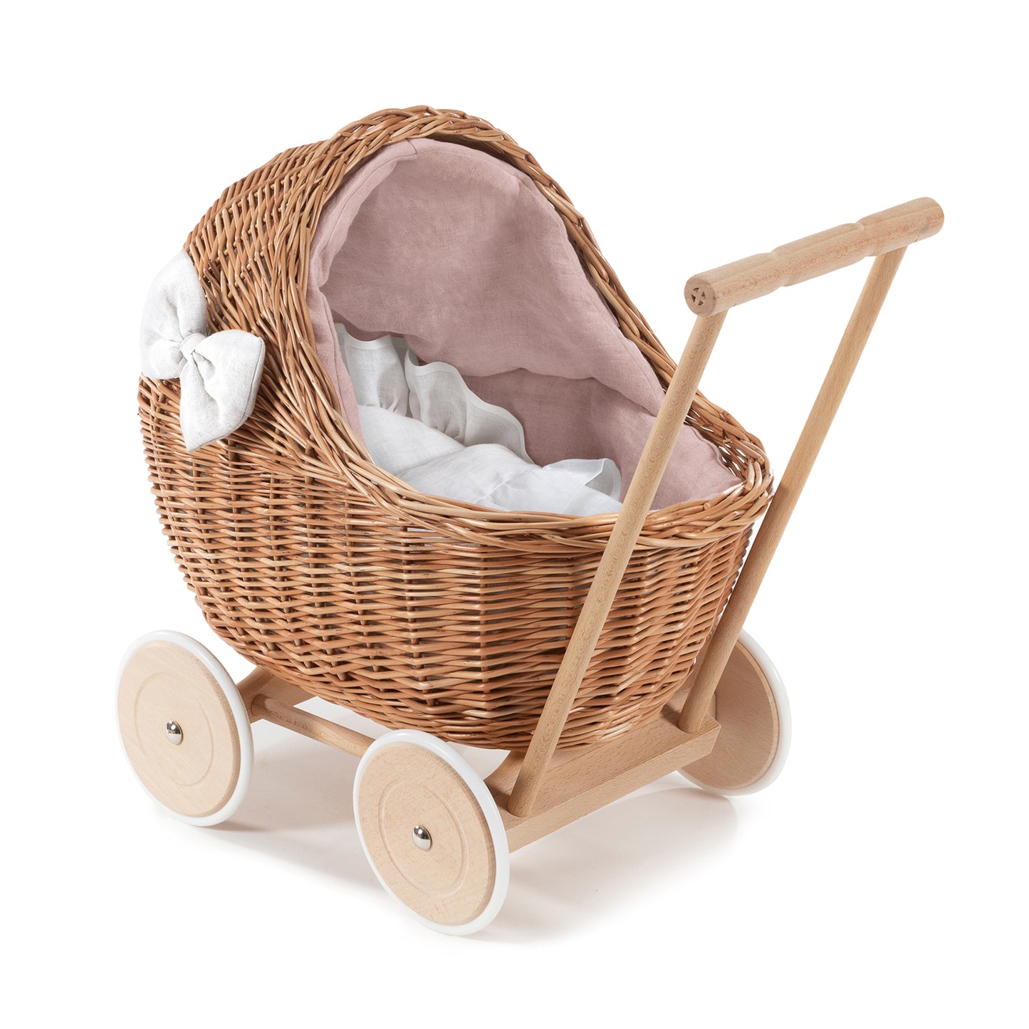 Desayer wiklinowy wózek dla lalek z białym obszyciem, z rączką, kołderką i poduszką TheWickerStories