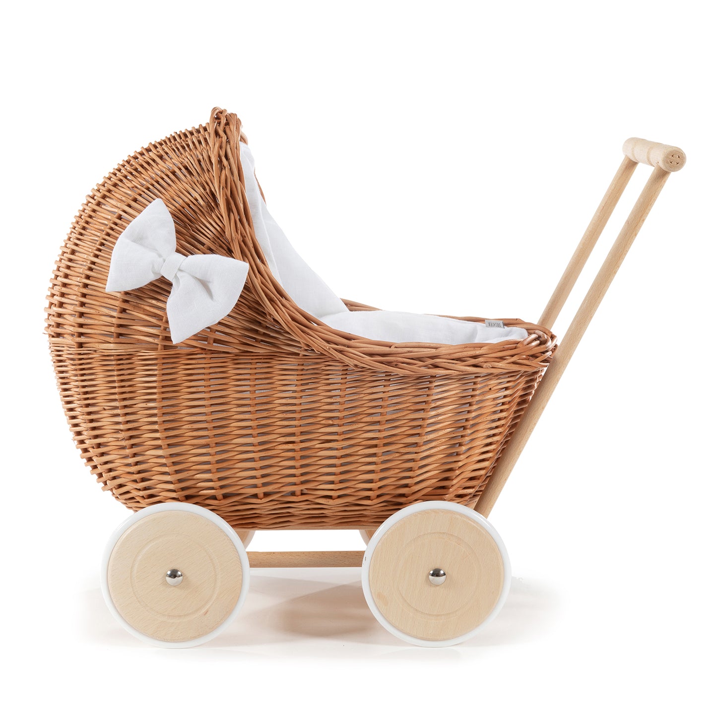 Desayer wiklinowy wózek dla lalek z białym obszyciem, z rączką, kołderką i poduszką TheWickerStories