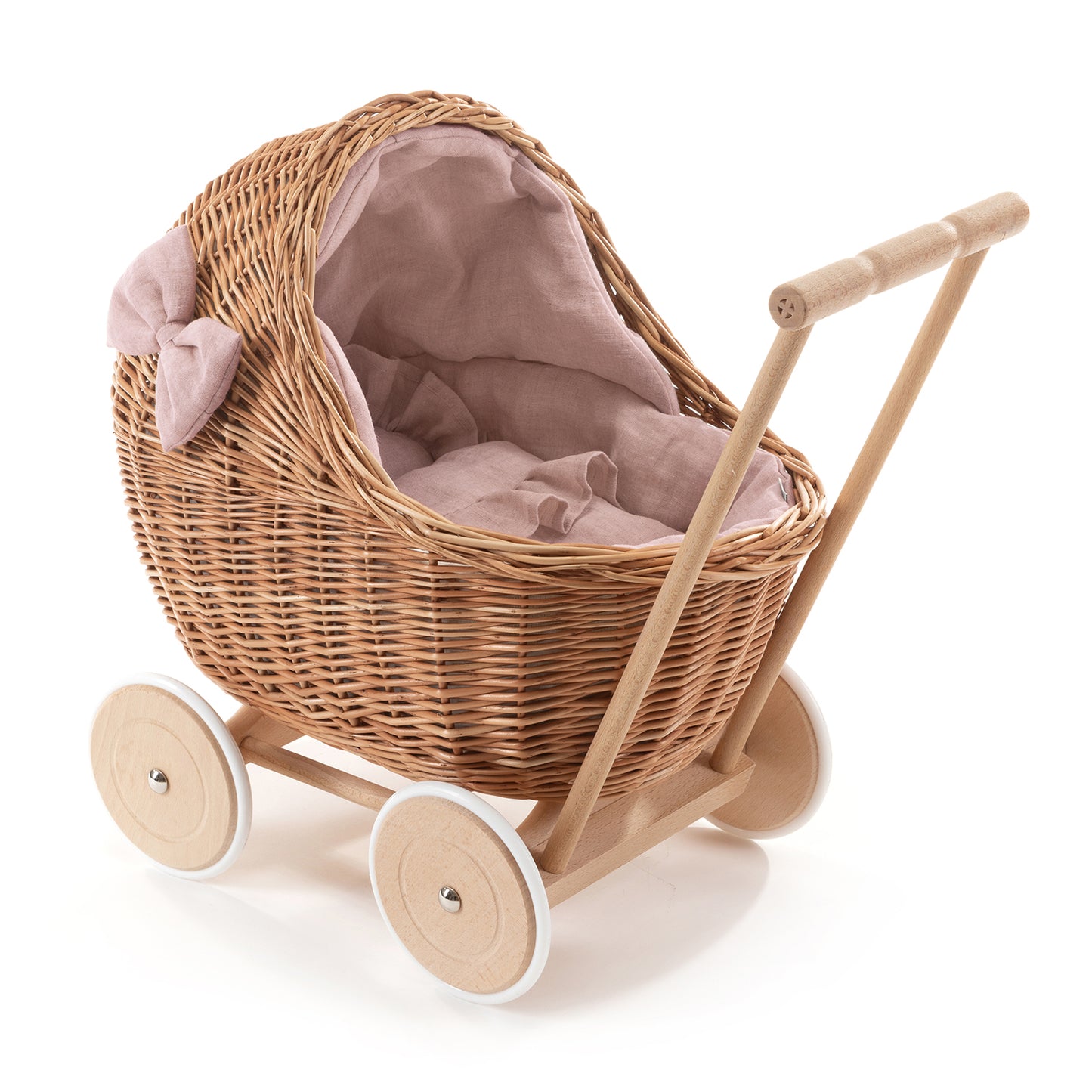 Desayer wiklinowy wózek dla lalek z różowym obszyciem, kołderką i poduszką TheWickerStories