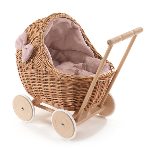 Desayer wiklinowy wózek dla lalek z różowym obszyciem, kołderką i poduszką TheWickerStories