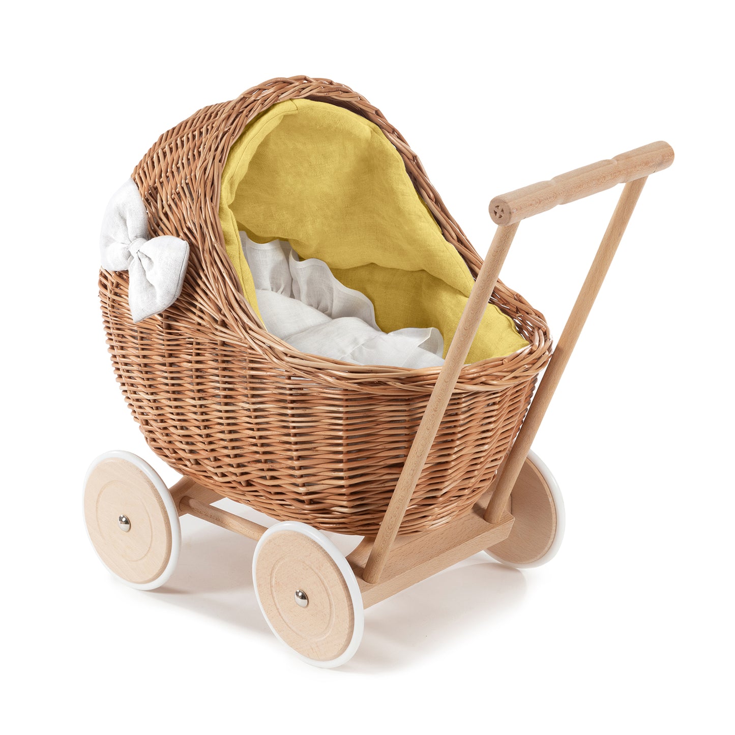 Desayer wiklinowy wózek dla lalek z żółtym lnianym obszyciem, z rączką, kołderką i poduszką TheWickerStories
