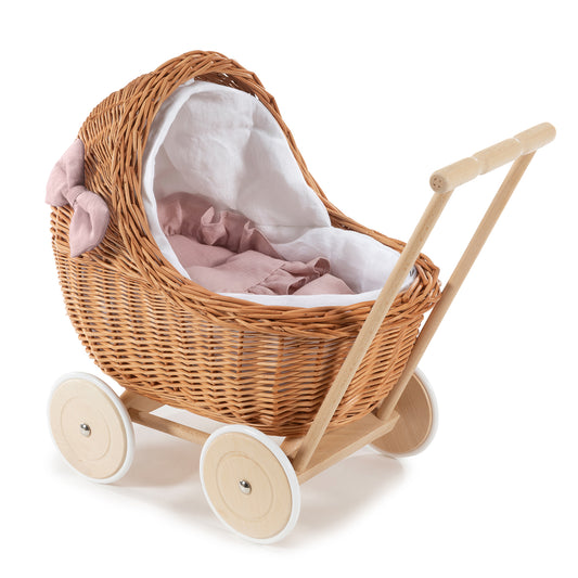 Desayer wiklinowy wózek dla lalek z różowym obszyciem, kołderką i poduszką, z rączką i cichymi kołami TheWickerStories