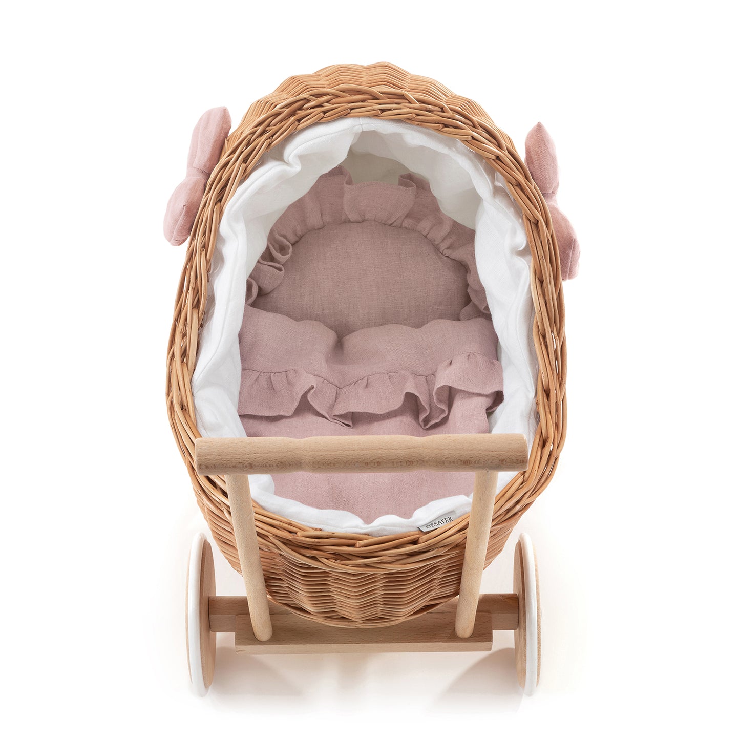 Desayer wiklinowy wózek dla lalek z różowym obszyciem, kołderką i poduszką, z rączką i cichymi kołami TheWickerStories