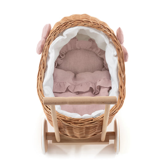 Desayer wiklinowy wózek dla lalek z różowym obszyciem, kołderką i poduszką, z rączką i cichymi kołami TheWickerStories