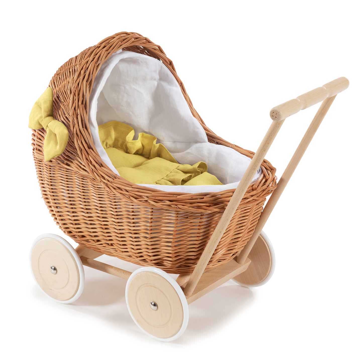 Desayer wiklinowy wózek dla lalek z białym obszyciem, kołderką i poduszką TheWickerStories