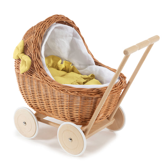 Desayer wiklinowy wózek dla lalek z białym obszyciem, kołderką i poduszką TheWickerStories