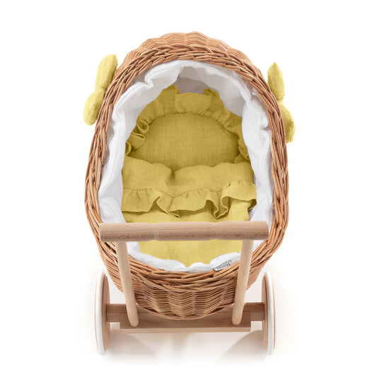 Desayer wiklinowy wózek dla lalek z białym obszyciem, kołderką i poduszką TheWickerStories