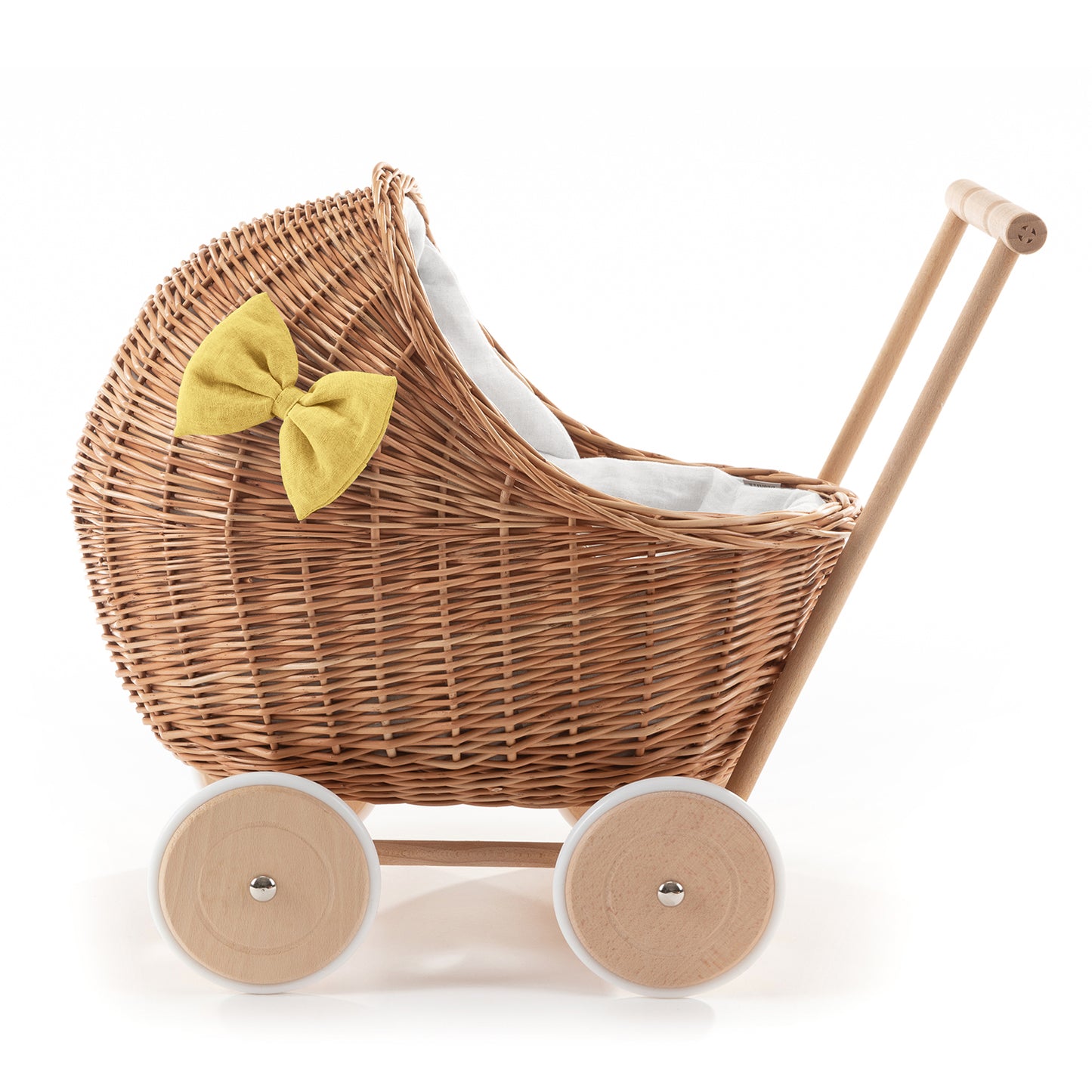 Desayer wiklinowy wózek dla lalek z białym obszyciem, kołderką i poduszką TheWickerStories