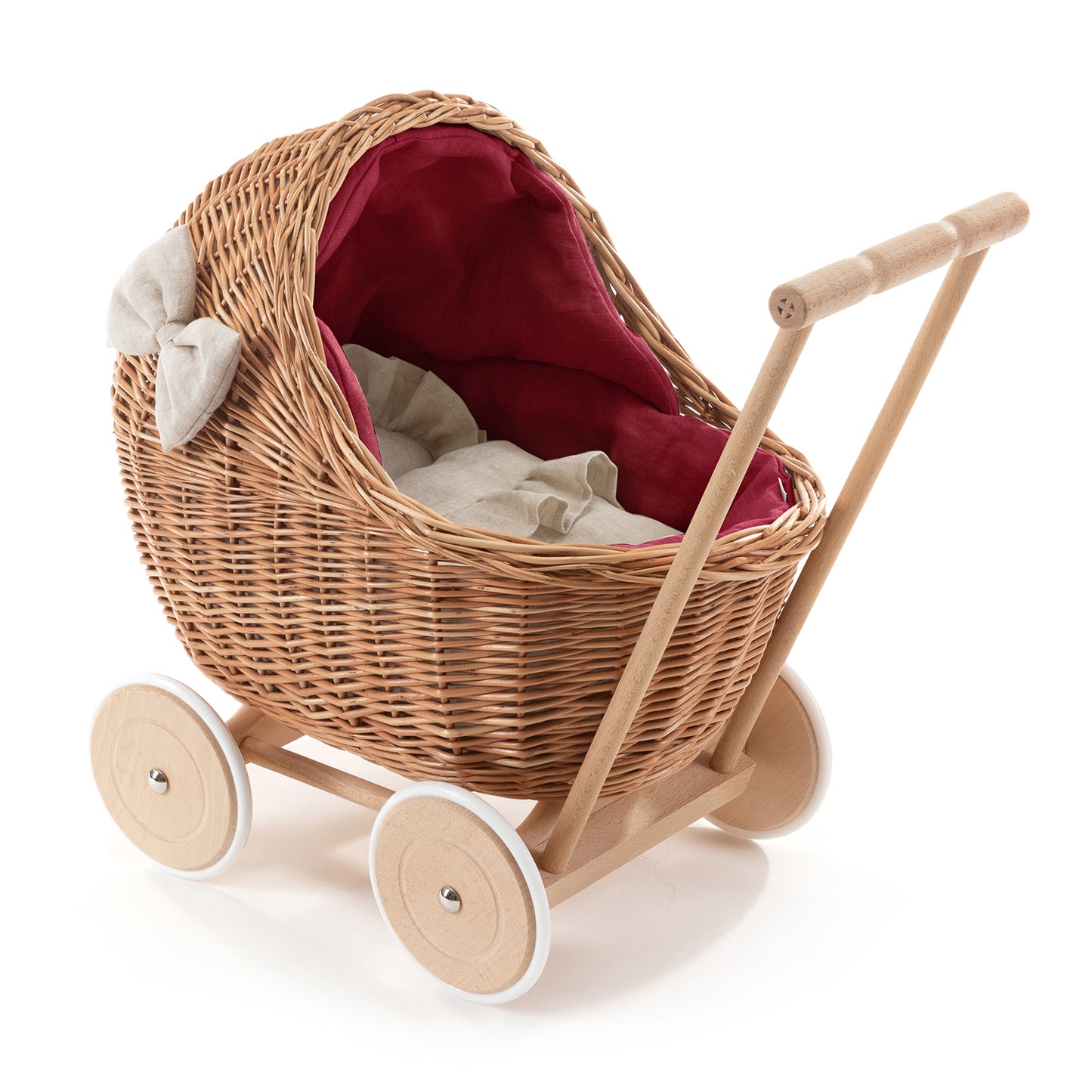 Desayer wiklinowy wózek dla lalek z czerwonym obszyciem, kołderką i poduszką, z rączką TheWickerStories