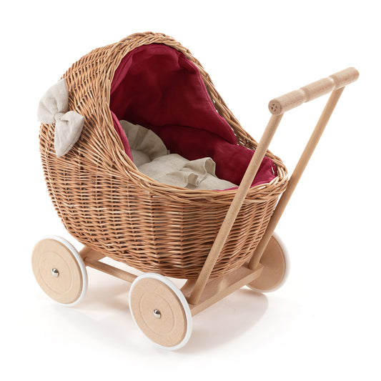 Desayer wiklinowy wózek dla lalek z czerwonym obszyciem, kołderką i poduszką, z rączką TheWickerStories