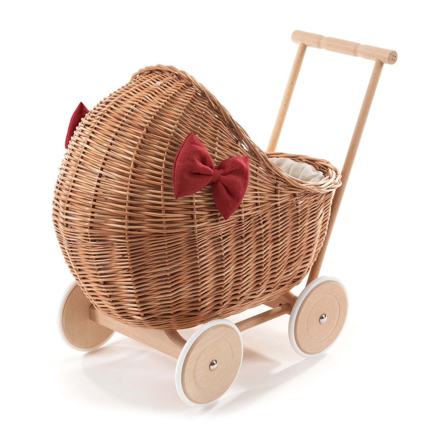 Desayer wiklinowy wózek dla lalek z czerwonym obszyciem, kołderką i poduszką TheWickerStories