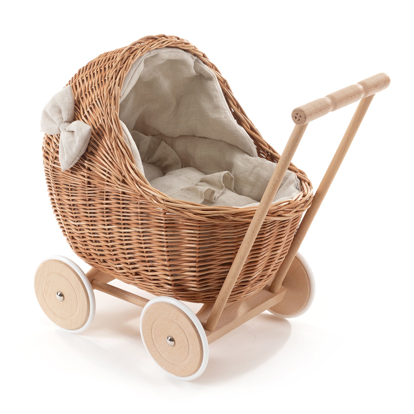 Desayer wiklinowy wózek dla lalek z beżowym obszyciem, z rączką, poduszką i kołderką TheWickerStories