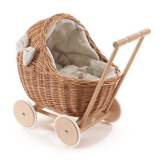 Desayer wiklinowy wózek dla lalek z beżowym obszyciem, z rączką, poduszką i kołderką TheWickerStories