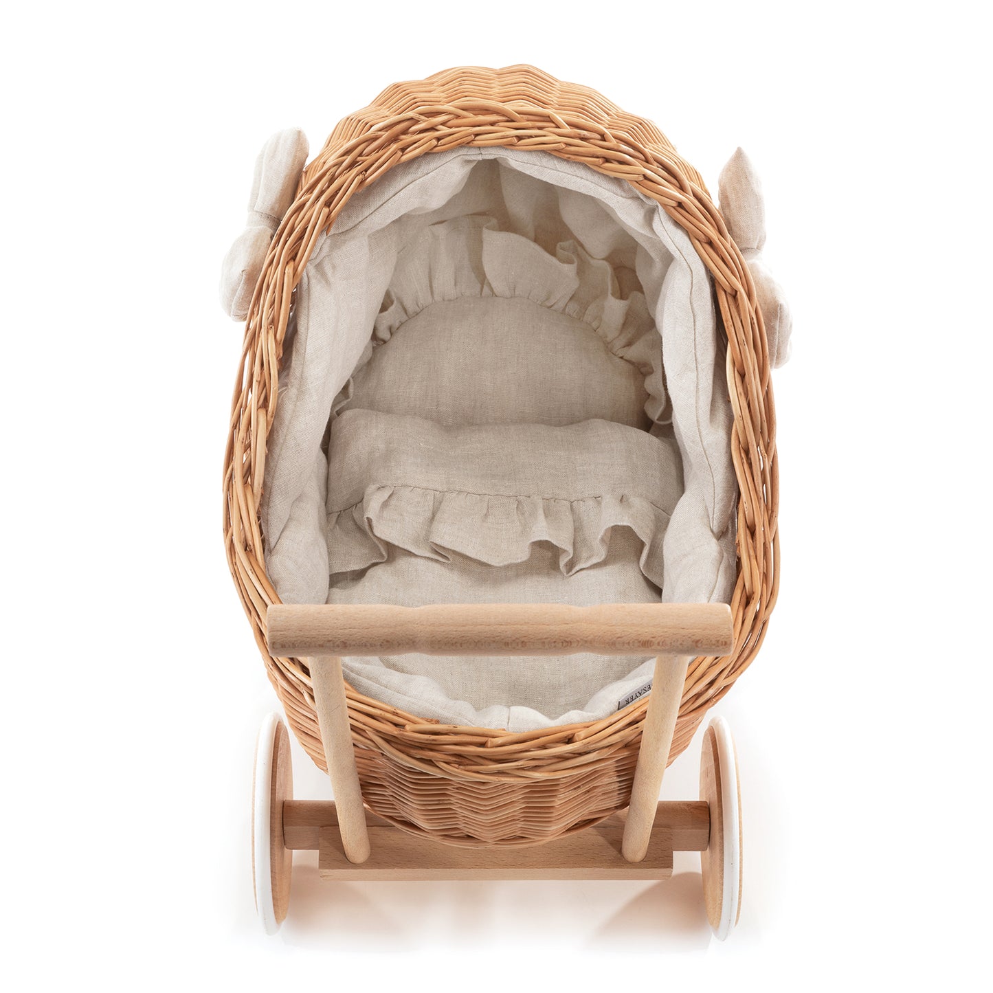 Desayer wiklinowy wózek dla lalek z beżowym obszyciem, z rączką, poduszką i kołderką TheWickerStories