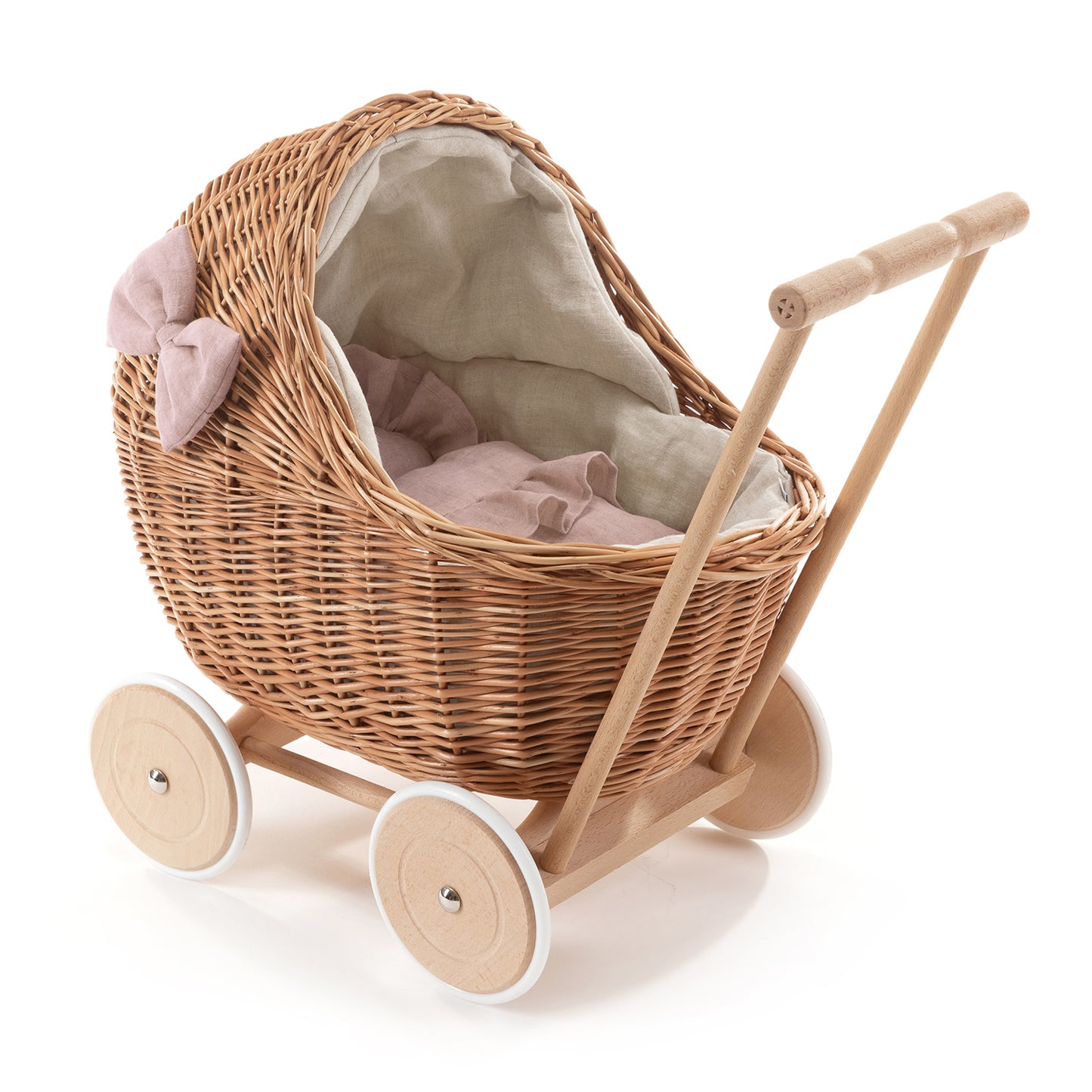 Desayer wiklinowy wózek dla lalek z różowym obszyciem, z rączką, poduszką i kołderką TheWickerStories