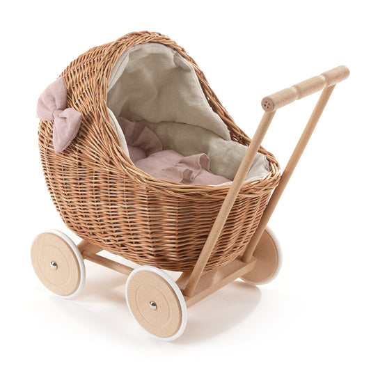 Desayer wiklinowy wózek dla lalek z różowym obszyciem, z rączką, poduszką i kołderką TheWickerStories