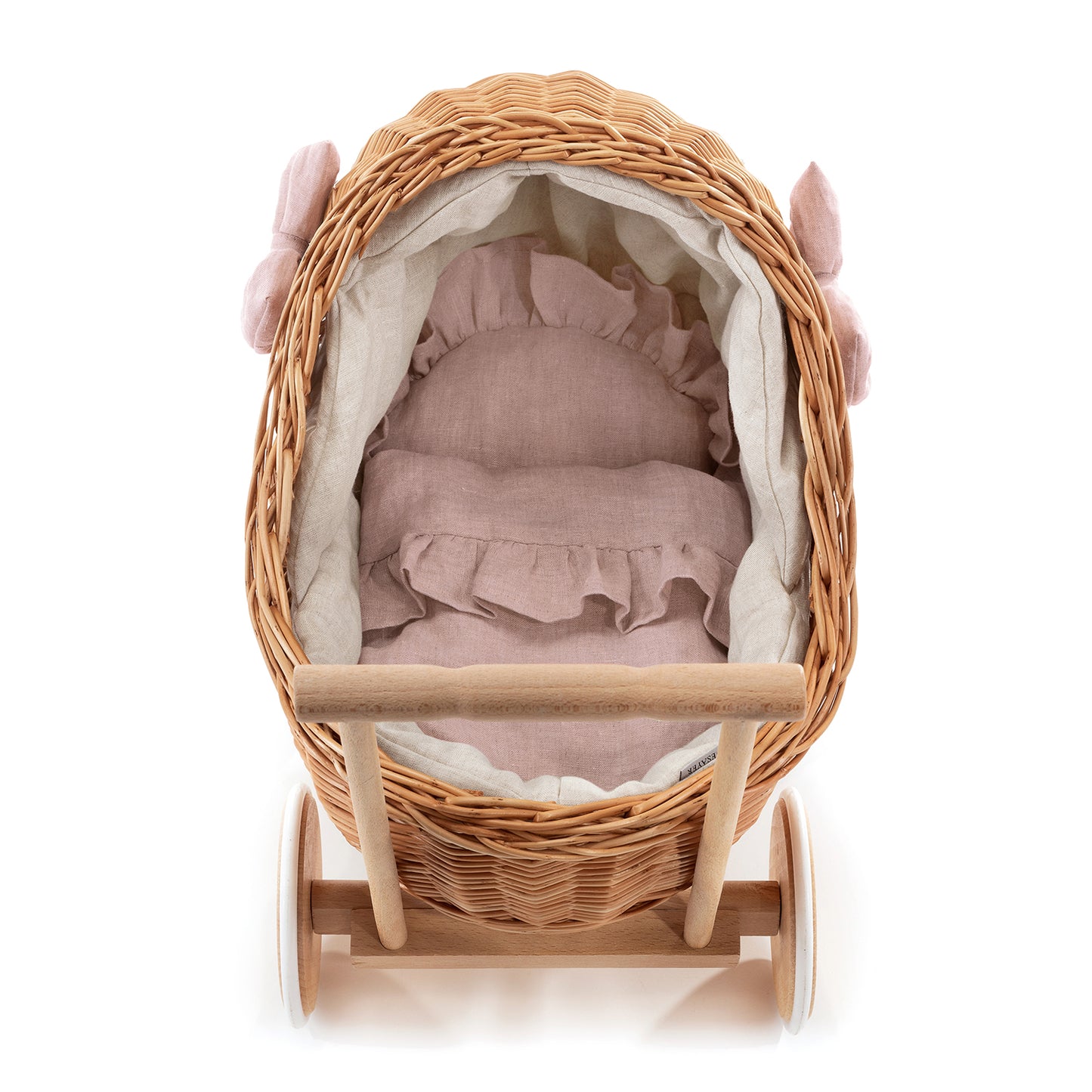 Desayer wiklinowy wózek dla lalek z różowym obszyciem, z rączką, poduszką i kołderką TheWickerStories