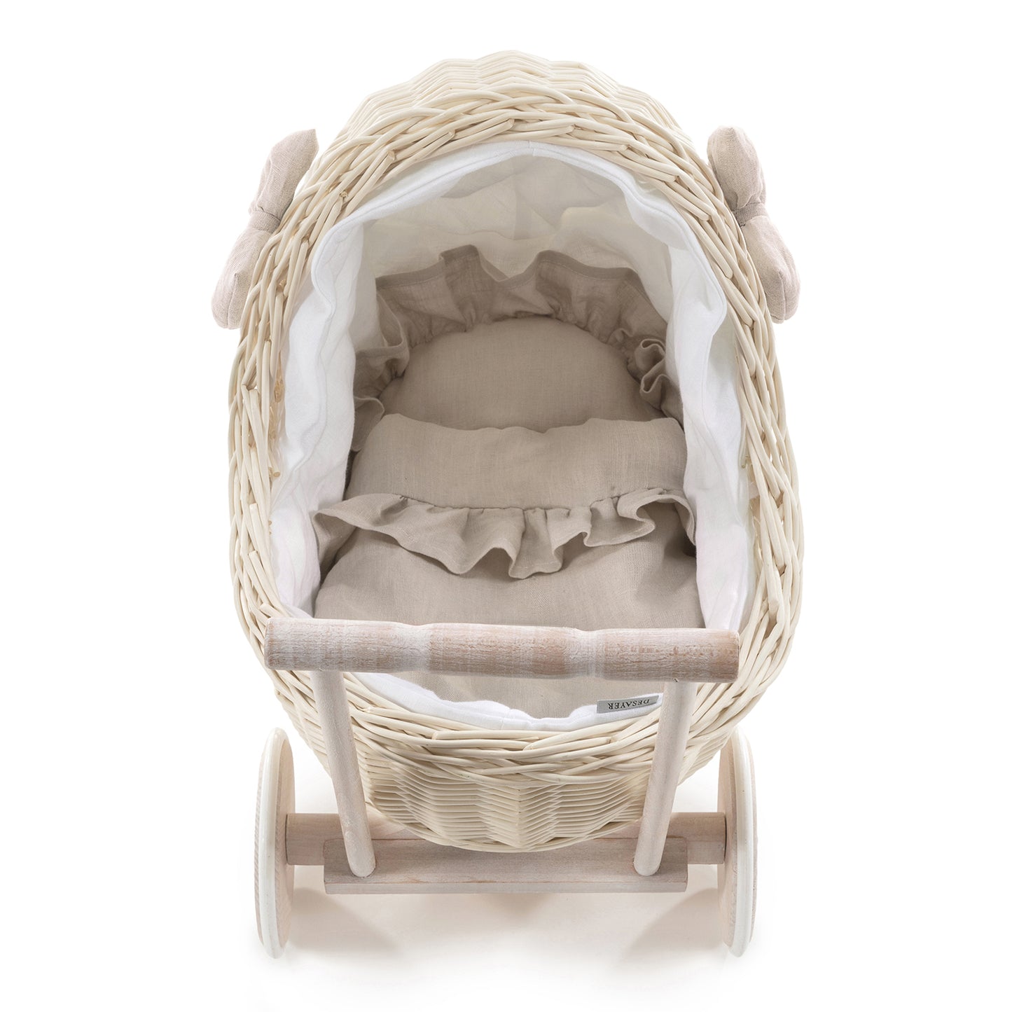 Desayer wiklinowy wózek dla lalek z białym obszyciem, kołderką i poduszką, z rączką TheWickerStories