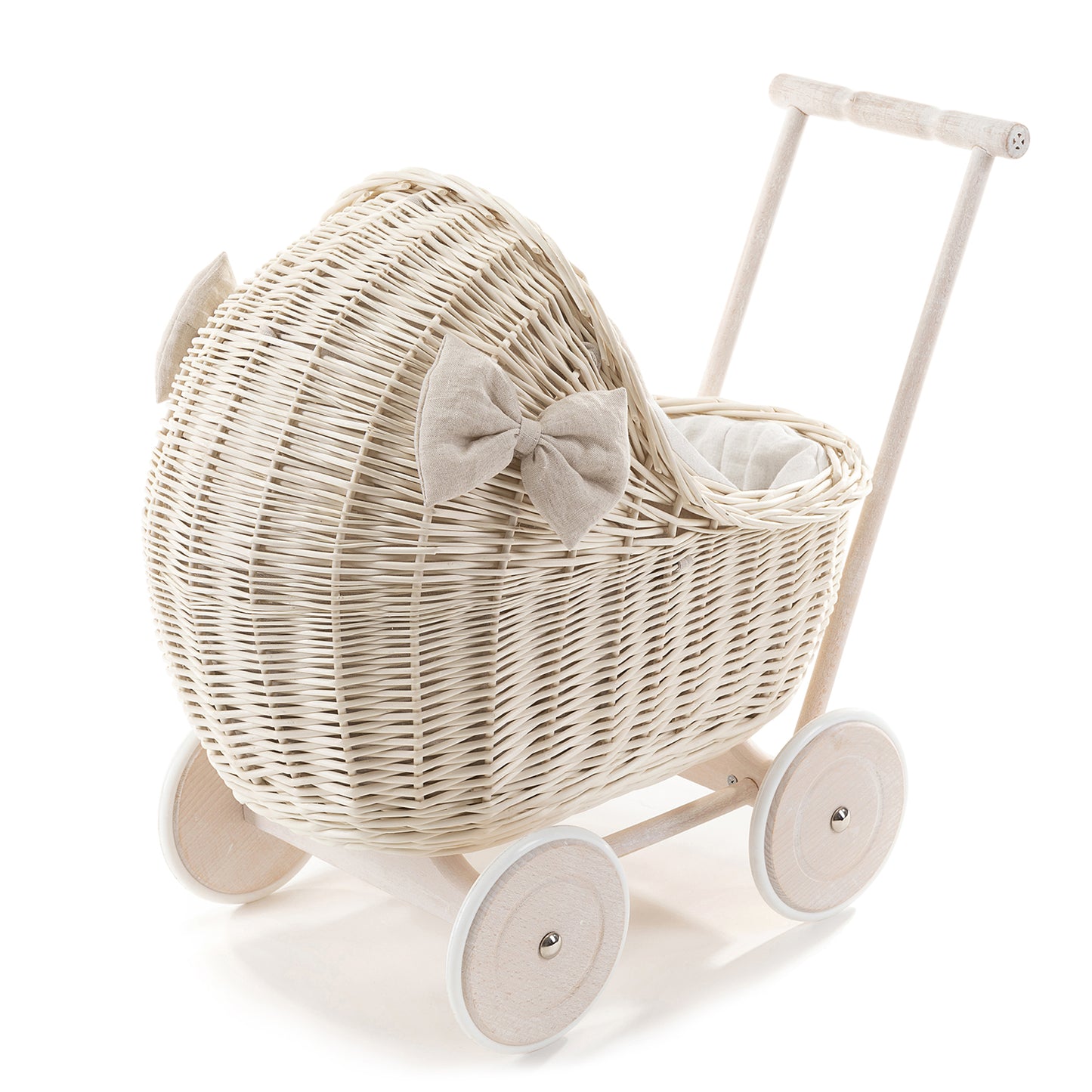 Desayer wiklinowy wózek dla lalek z białym obszyciem, kołderką i poduszką, z rączką TheWickerStories