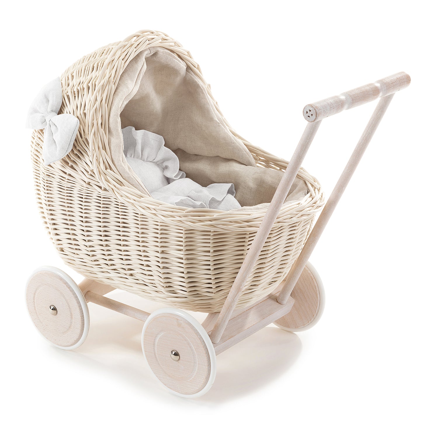 Desayer wiklinowy wózek dla lalek z beżowym lnianym obszyciem, z rączką, kołderką i poduszką TheWickerStories