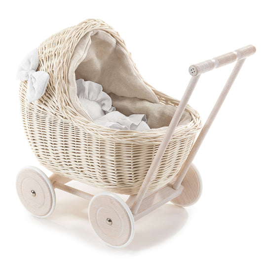 Desayer wiklinowy wózek dla lalek z beżowym lnianym obszyciem, z rączką, kołderką i poduszką TheWickerStories