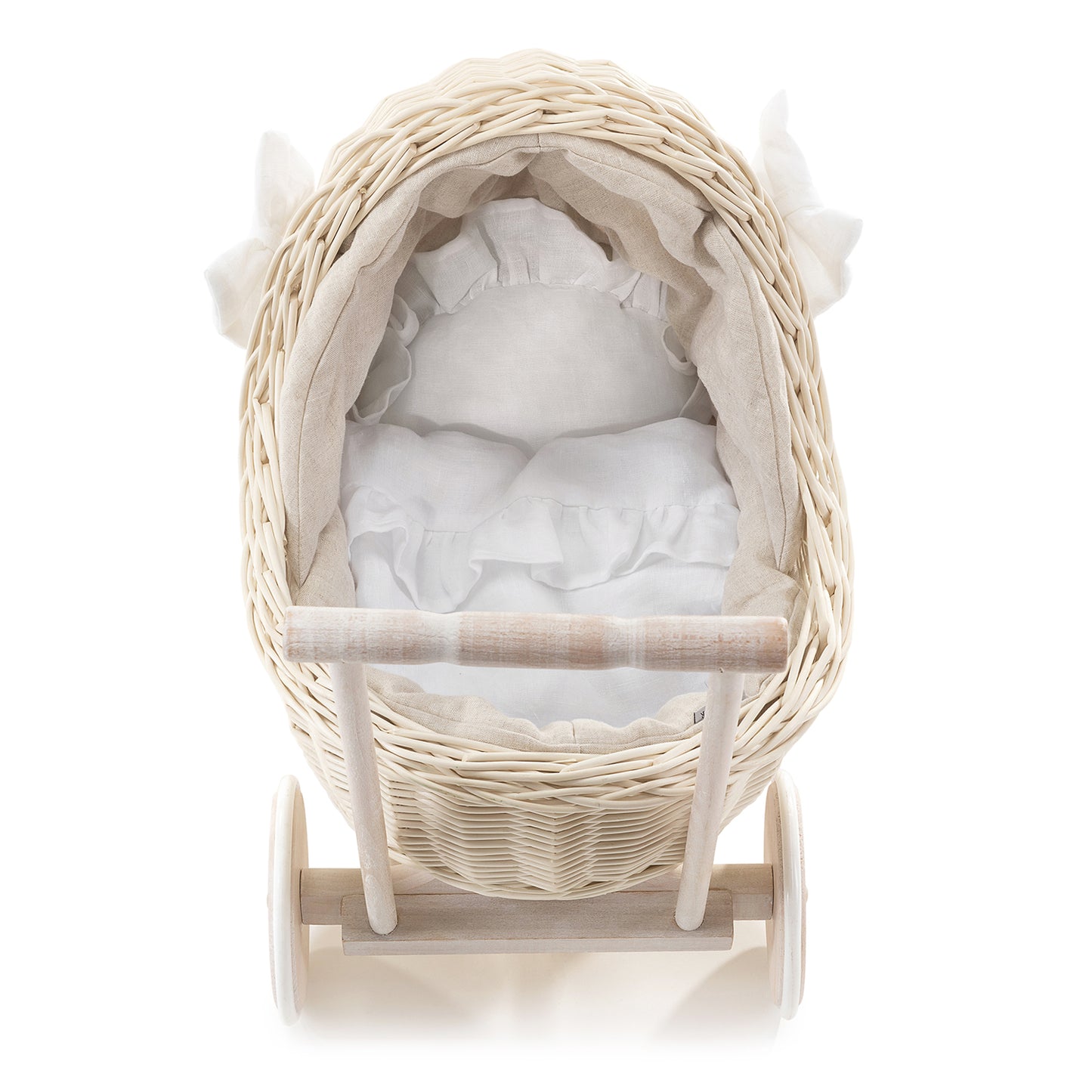 Desayer wiklinowy wózek dla lalek z beżowym lnianym obszyciem, z rączką, kołderką i poduszką TheWickerStories