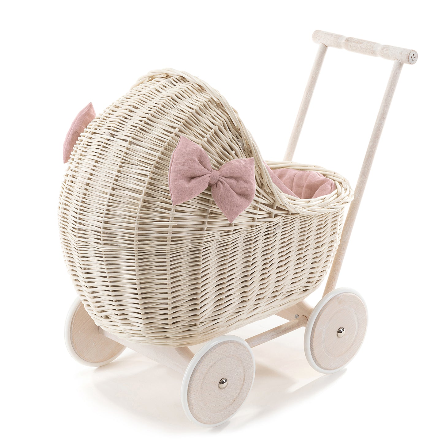 Desayer wiklinowy wózek dla lalek z lnianym obszyciem i różową pościelą, z kołderką, poduszką i rączką TheWickerStories