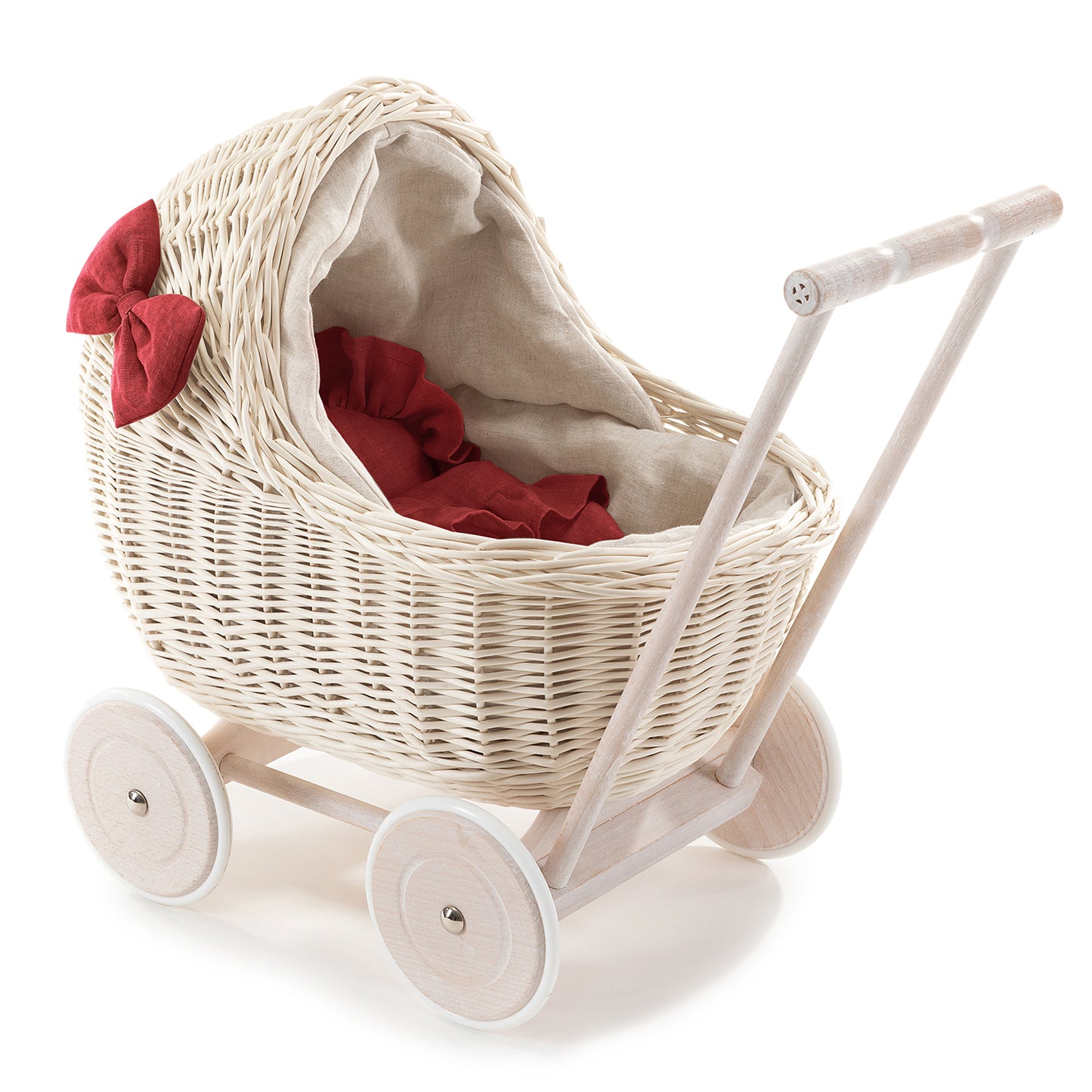 Desayer wiklinowy wózek dla lalek z lnianym obszyciem i czerwoną pościelą, z rączką, kołderką i poduszką TheWickerStories