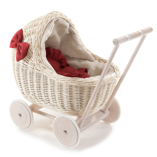 Desayer wiklinowy wózek dla lalek z lnianym obszyciem i czerwoną pościelą, z rączką, kołderką i poduszką TheWickerStories