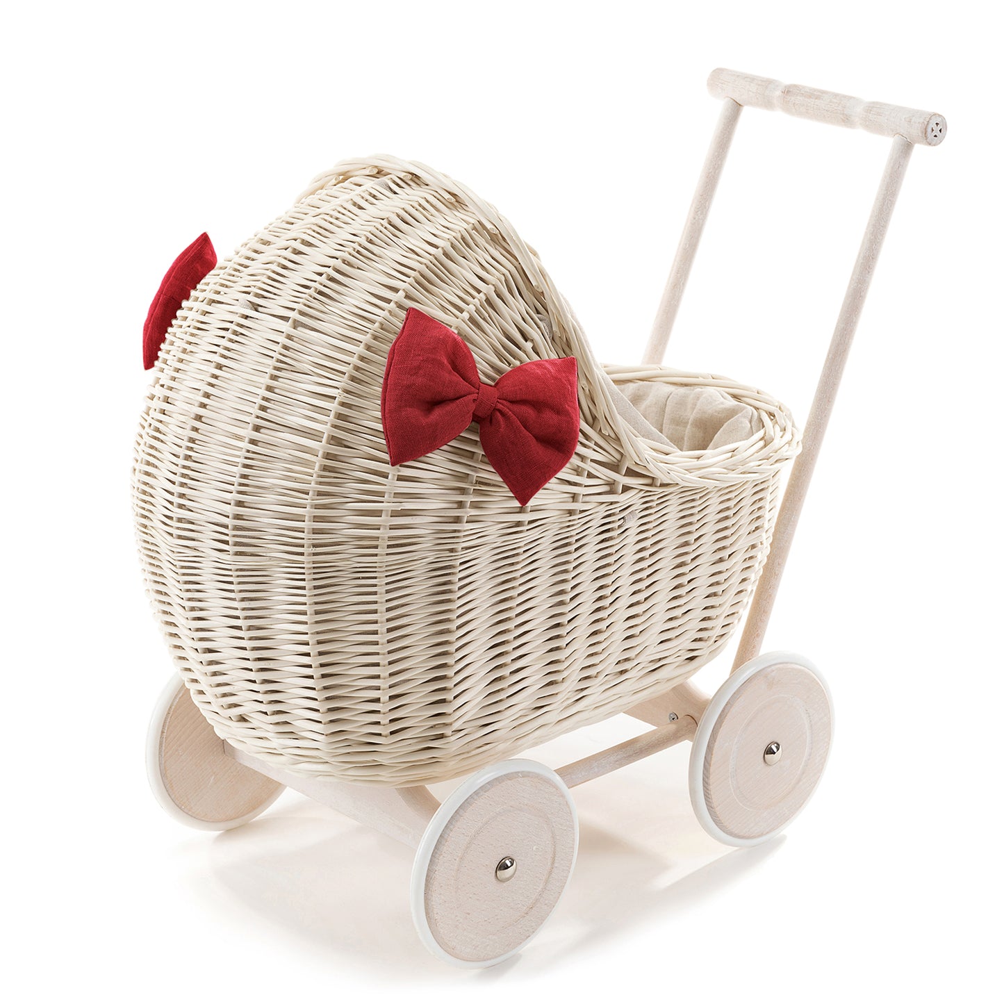 Desayer wiklinowy wózek dla lalek z lnianym obszyciem i czerwoną pościelą, z rączką, kołderką i poduszką TheWickerStories