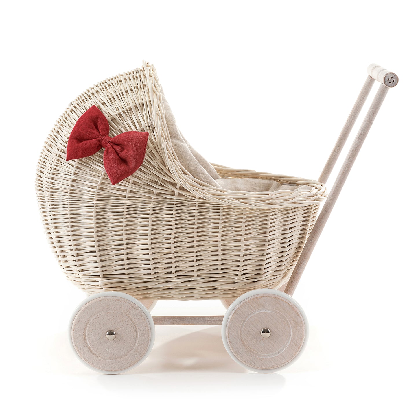 Desayer wiklinowy wózek dla lalek z lnianym obszyciem i czerwoną pościelą, z rączką, kołderką i poduszką TheWickerStories